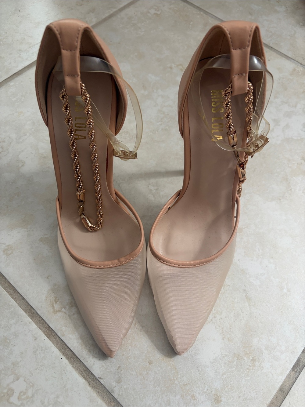 Miss Lola Blush Nude Pointed T-Strap Pumps with Gold Chain